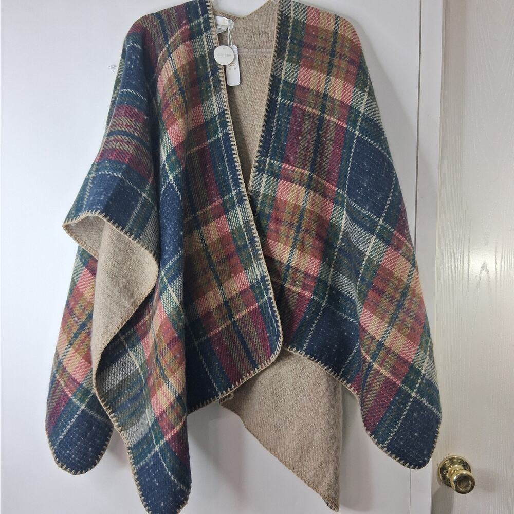 NWT Charming Charlie Plaid Reversible Wrap Poncho Shawl Blue Red Beige Womens OS